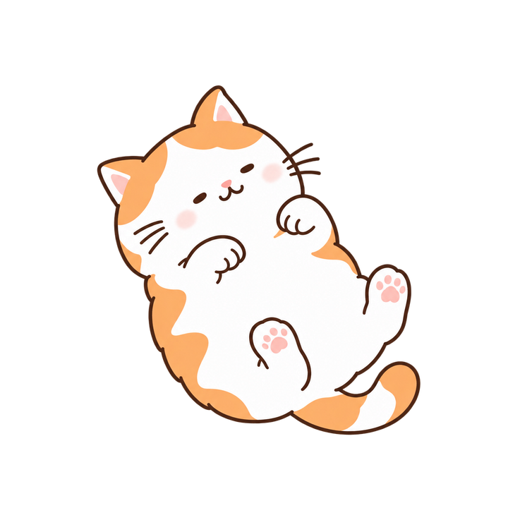 おなかを出して寝る茶白猫のイラスト（ゆるい・透過PNG）