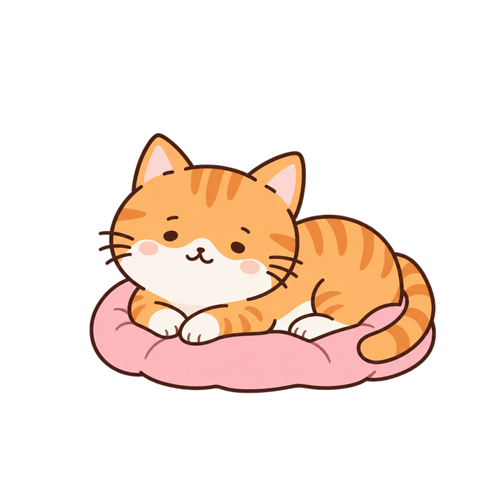 クッションで寝そべる茶トラ猫のイラスト（ゆるい・透過PNG）