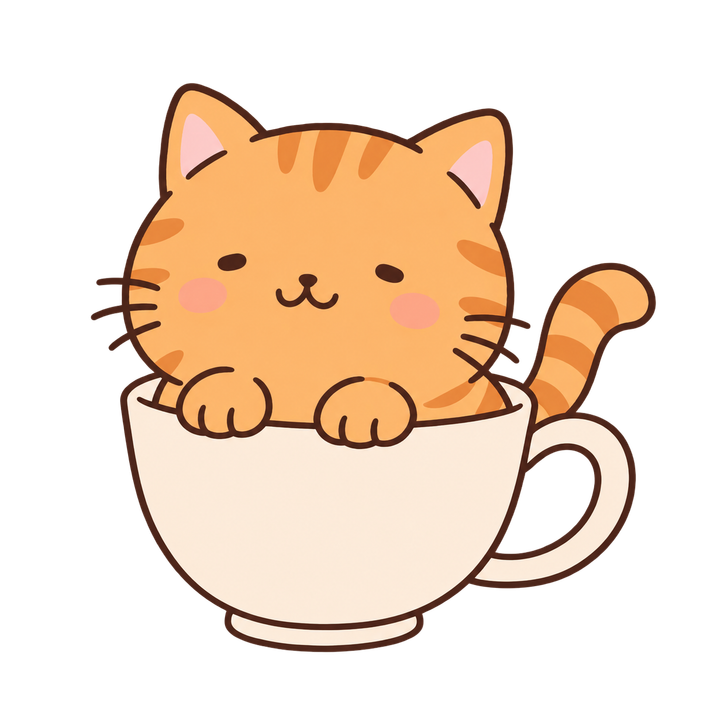 ティーカップに入った茶トラ猫のイラスト（ゆるい・透過PNG）