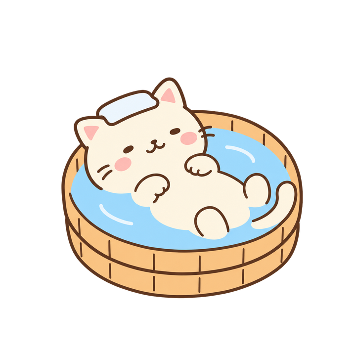 お風呂に入るクリーム色の猫のイラスト（ゆるい・透過PNG）
