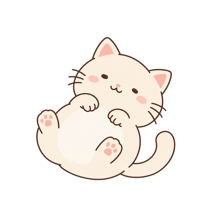 ごろんと転がるクリーム色の猫のイラスト（ゆるい・透過PNG）