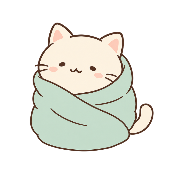 毛布にくるまったクリーム色の猫のイラスト（ゆるい・透過PNG）
