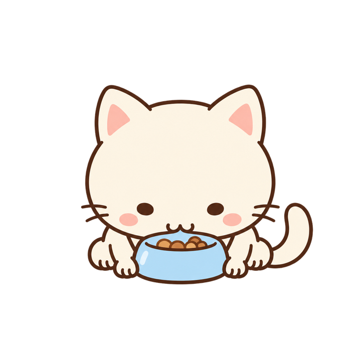 ごはんを食べるクリーム色の猫のイラスト（ゆるい・透過PNG）