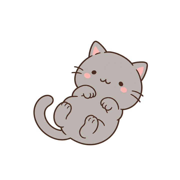 ごろんと転がるグレーの猫のイラスト（ゆるい・透過PNG）