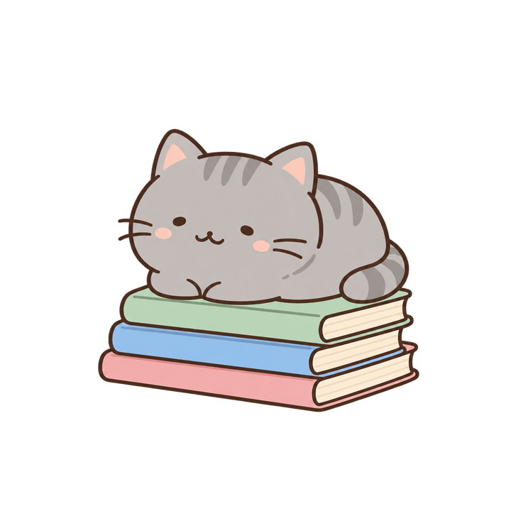 本の上でくつろぐグレーの猫のイラスト（ゆるい・透過PNG）