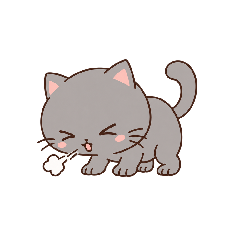 くしゃみするグレーの猫のイラスト（ゆるい・透過PNG）