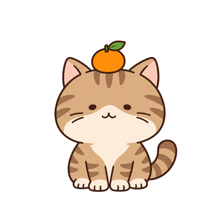 みかんを頭にのせたキジトラ猫のイラスト（ゆるい・透過PNG）