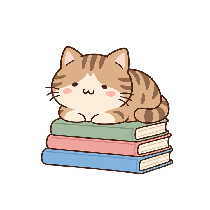 本の上でくつろぐキジトラ猫のイラスト（ゆるい・透過PNG）