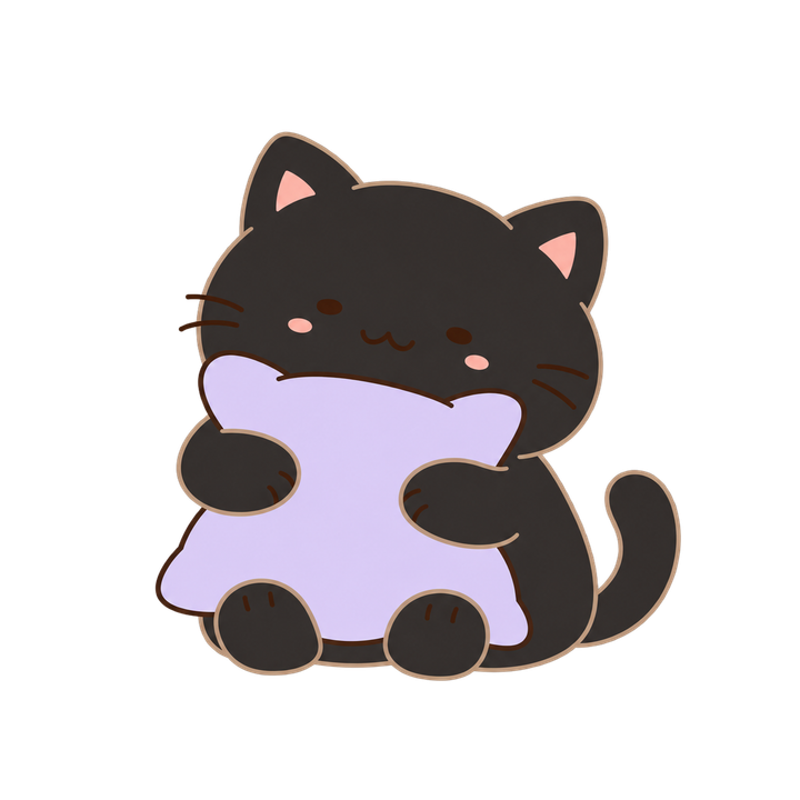 まくらを抱っこする黒猫のイラスト（ゆるい・透過PNG）