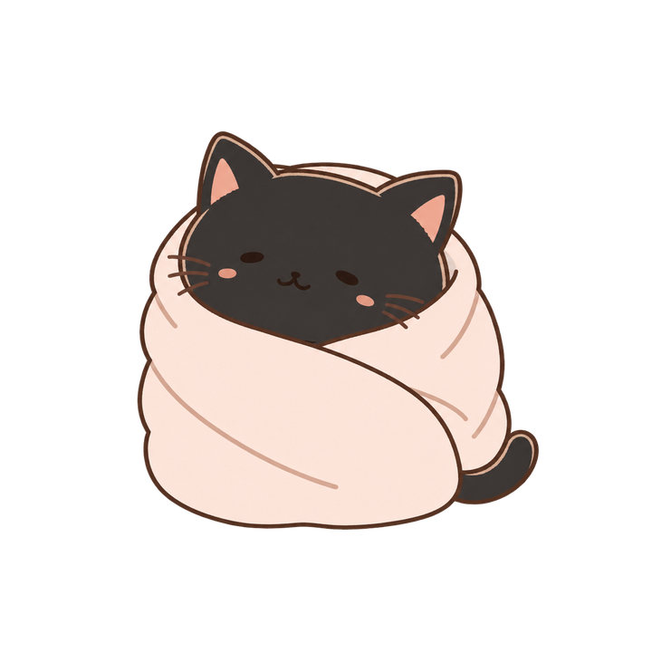 毛布にくるまった黒猫のイラスト（ゆるい・透過PNG）