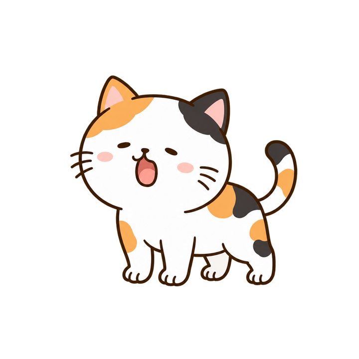 口を大きくあけた三毛猫のイラスト（ゆるい・透過PNG）