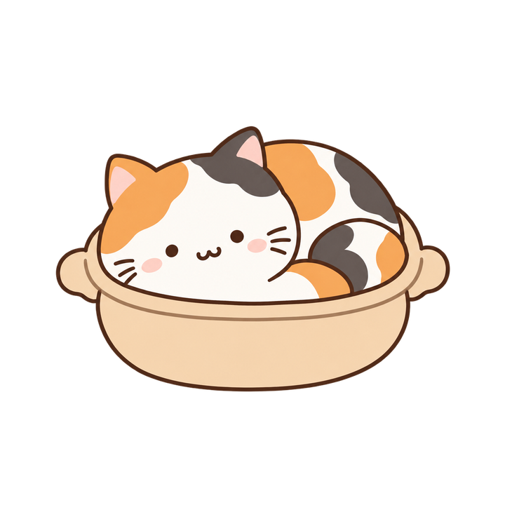 土鍋で丸くなる三毛猫のイラスト（ゆるい・透過PNG）