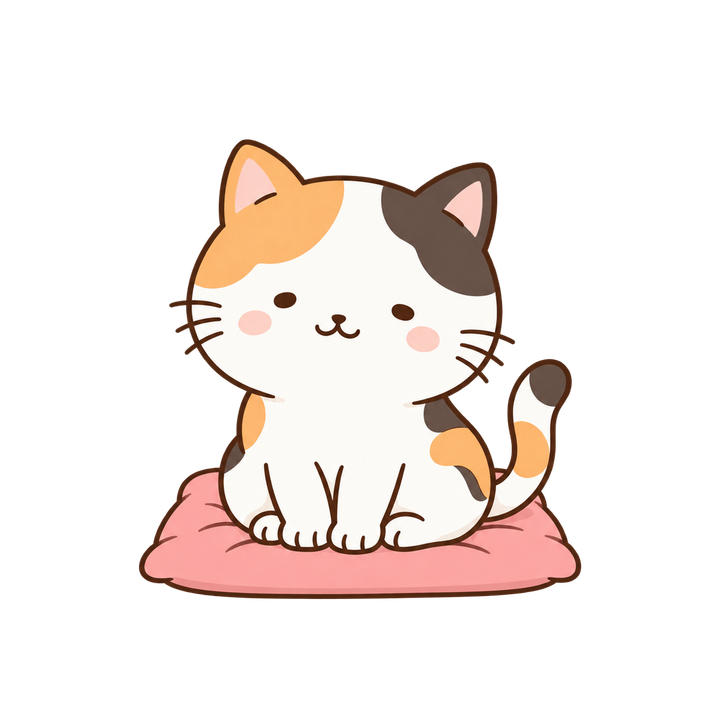 座布団に座る三毛猫のイラスト（ゆるい・透過PNG）