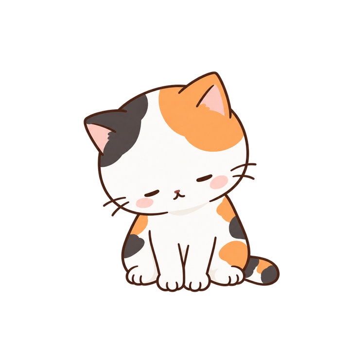 目を閉じてほっこりする三毛猫のイラスト（ゆるい・透過PNG）