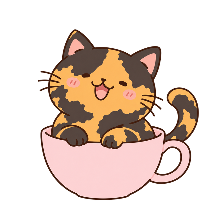 ティーカップで笑うサビ猫のイラスト（ゆるい・透過PNG）