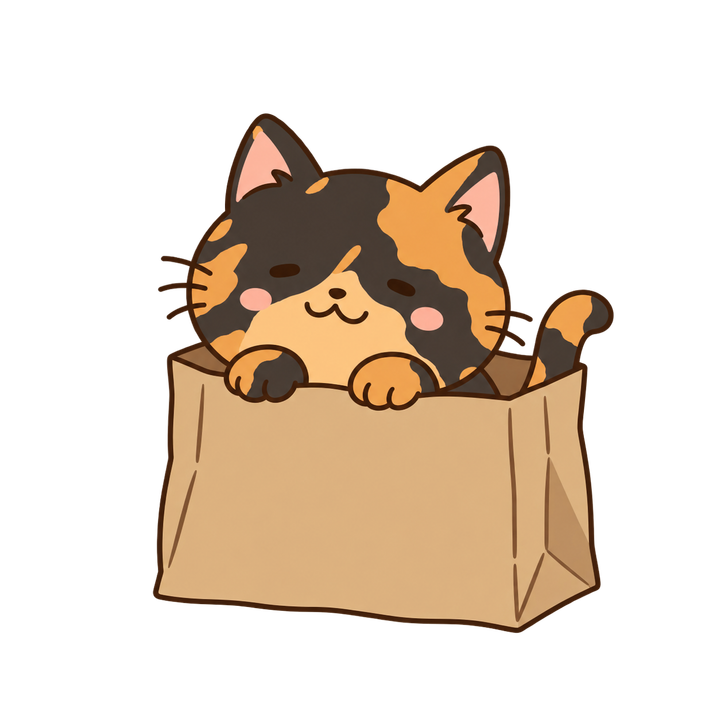 紙袋から顔を出すサビ猫のイラスト（ゆるい・透過PNG）