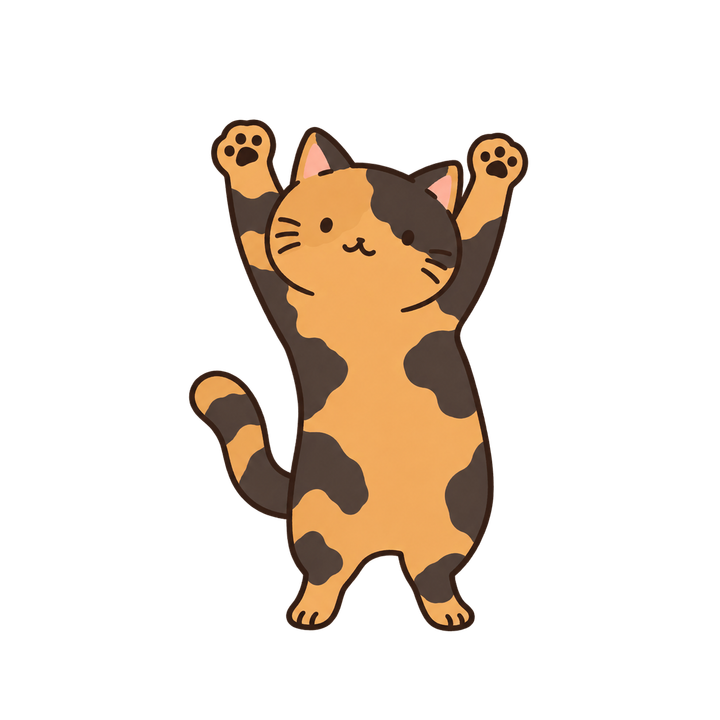 バンザイするサビ猫のイラスト（ゆるい・透過PNG）