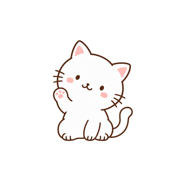 首をかしげて手をふる白猫のイラスト（ゆるい・透過PNG）