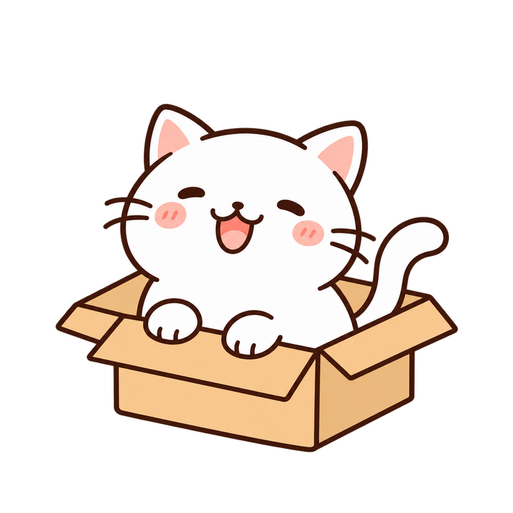 箱の中で笑う白猫のイラスト（ゆるい・透過PNG）