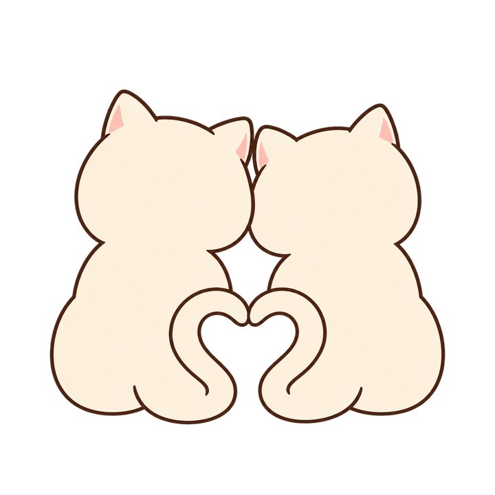 しっぽでハートを作る二匹の猫の後ろ姿のイラスト（ゆるい・透過PNG）