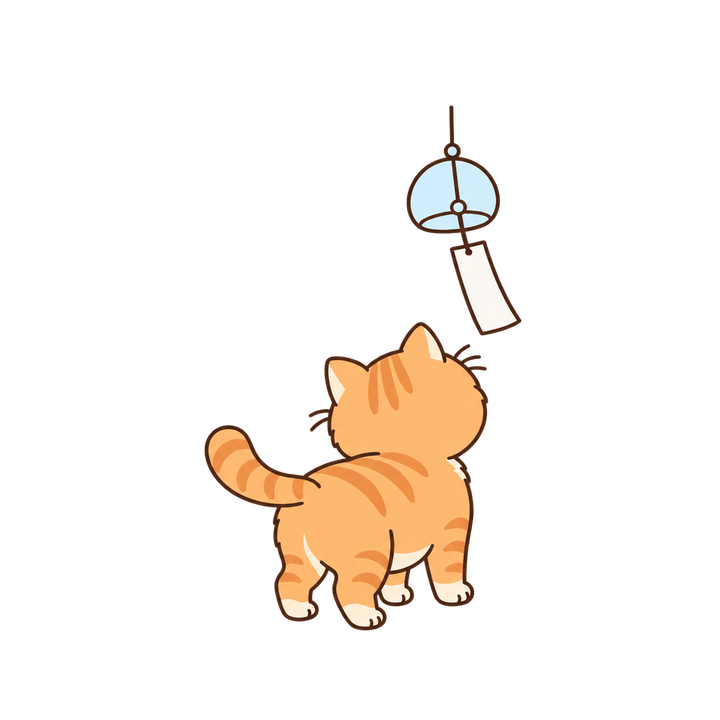 風鈴を見上げる茶トラ猫のイラスト（ゆるい・透過PNG）