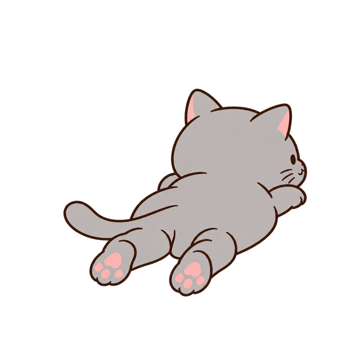 後ろ足の肉球を見せて寝そべるグレーの猫のイラスト（ゆるい・透過PNG）