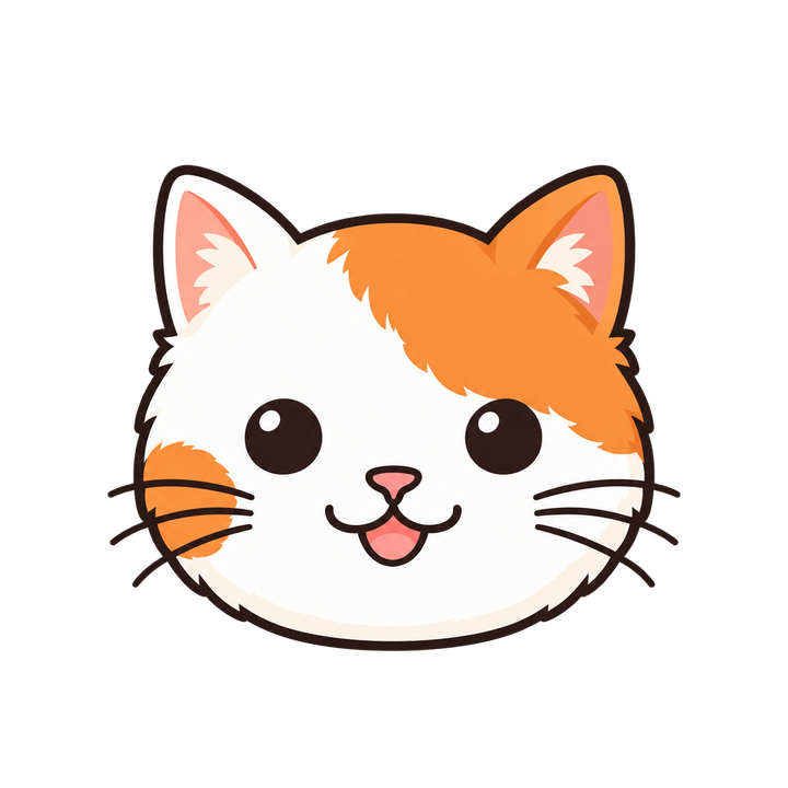 笑顔の茶白猫の顔のイラスト（アイコン・透過PNG）