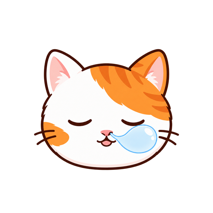 鼻ちょうちんで眠る茶白猫の顔のイラスト（アイコン・透過PNG）