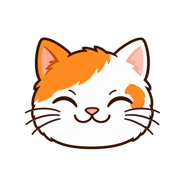 目を細めて笑う茶白猫の顔のイラスト（アイコン・透過PNG）