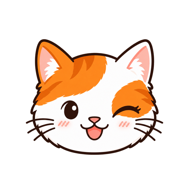 ウインクする茶白猫の顔のイラスト（アイコン・透過PNG）