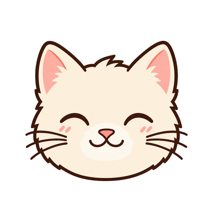 目を細めて笑うクリーム色の猫の顔のイラスト（アイコン・透過PNG）