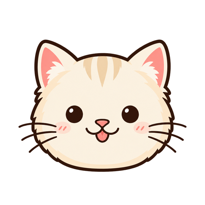 舌をぺろっと出すクリーム色の猫の顔のイラスト（アイコン・透過PNG）