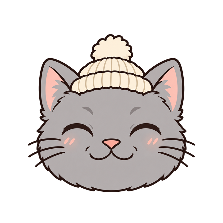 ニット帽をかぶったグレーの猫の顔のイラスト（アイコン・透過PNG）