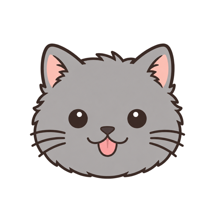 舌をぺろっと出すグレーの猫の顔のイラスト（アイコン・透過PNG）