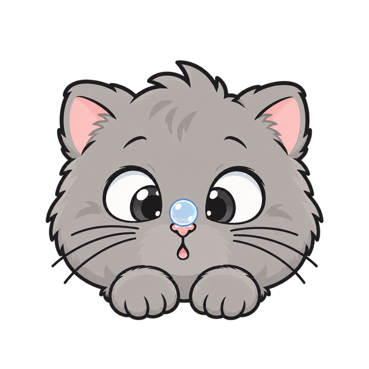 鼻の上のシャボン玉を見つめるグレーの子猫のイラスト（アイコン・透過PNG）