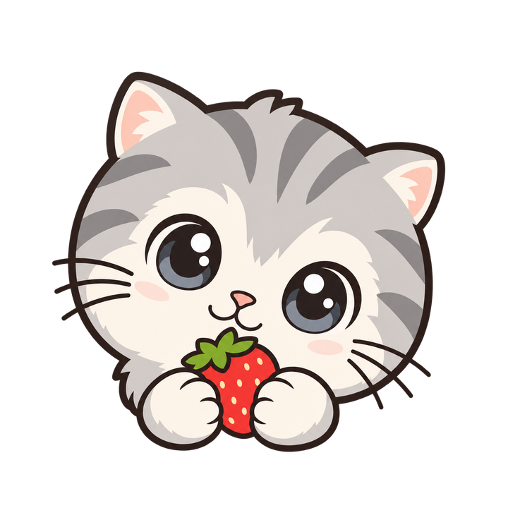 いちごを持ったサバトラの子猫のイラスト（アイコン・透過PNG）