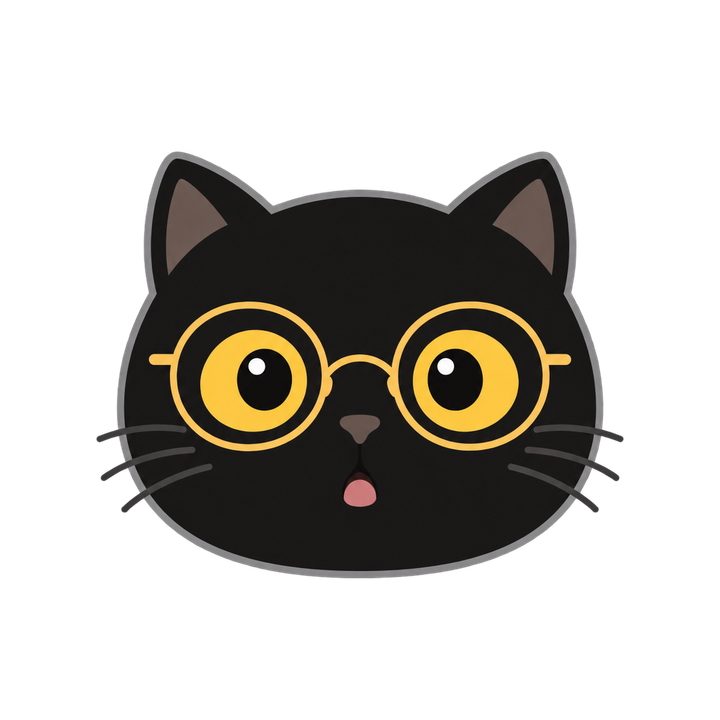 メガネをかけた黒猫の顔のイラスト（アイコン・透過PNG）