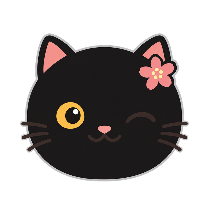 桜の花をつけてウインクする黒猫のイラスト（アイコン・透過PNG）
