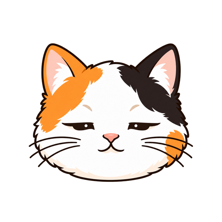 眠そうな三毛猫の顔のイラスト（アイコン・透過PNG）