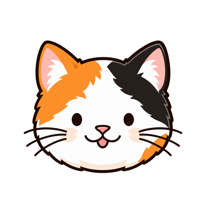 舌をぺろっと出す三毛猫の顔のイラスト（アイコン・透過PNG）