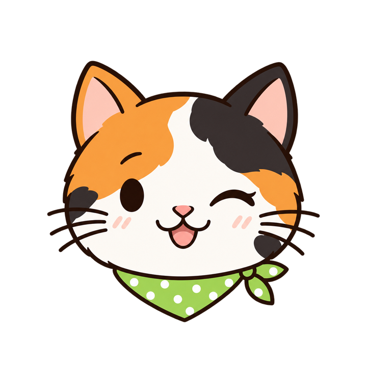 バンダナをつけてウインクする三毛猫のイラスト（アイコン・透過PNG）