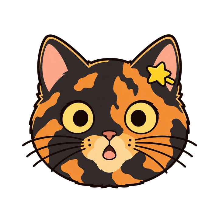 びっくりしたサビ猫の顔のイラスト（アイコン・透過PNG）