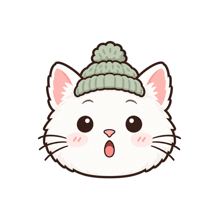 ニット帽をかぶった白猫の顔のイラスト（アイコン・透過PNG）