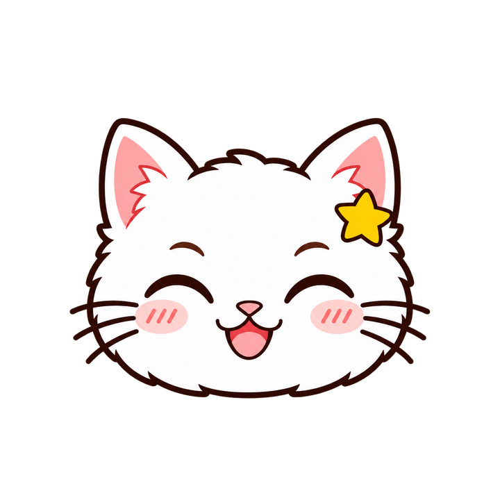 星の髪かざりで笑う白猫の顔のイラスト（アイコン・透過PNG）