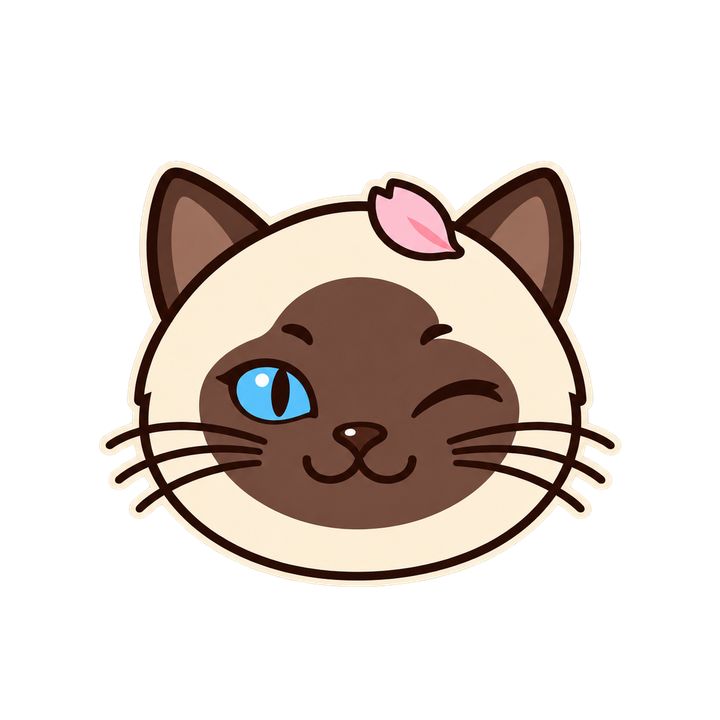 桜の花びらをのせたシャム猫の顔のイラスト（アイコン・透過PNG）