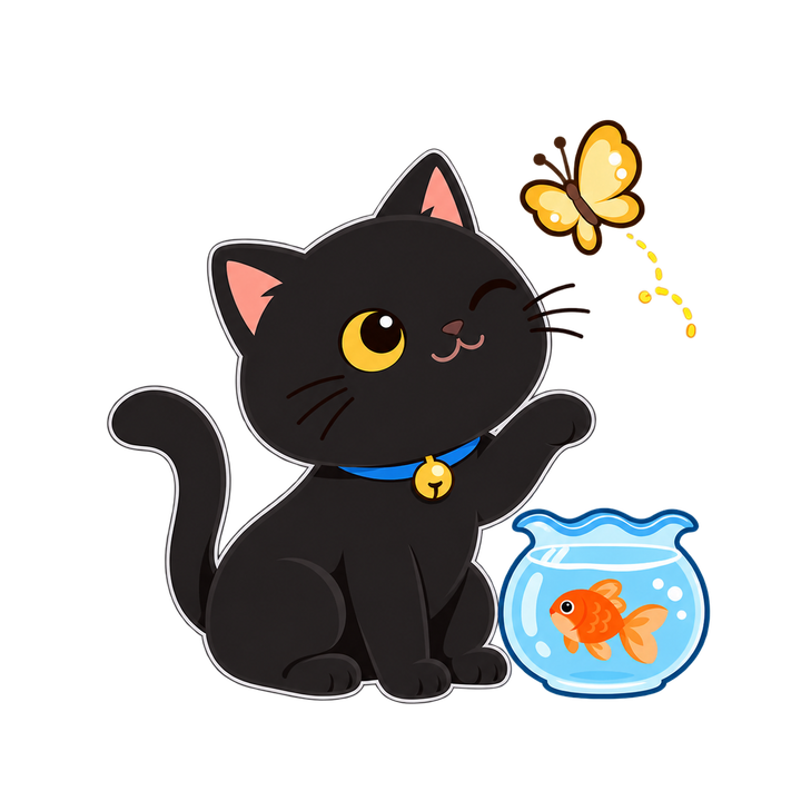 ちょうちょと金魚鉢と黒猫のイラスト（透過PNG）