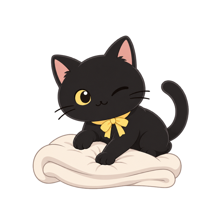 毛布をふみふみする黒猫のイラスト（透過PNG）