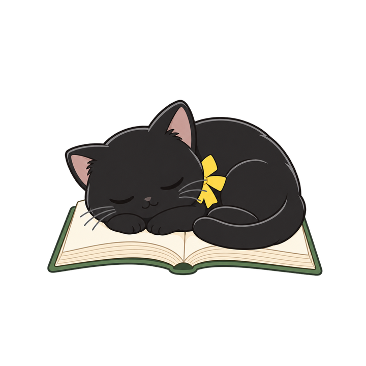 本の上で眠る黒猫のイラスト（透過PNG）