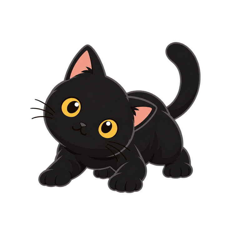 身をかがめてかまえる黒猫のイラスト（透過PNG）