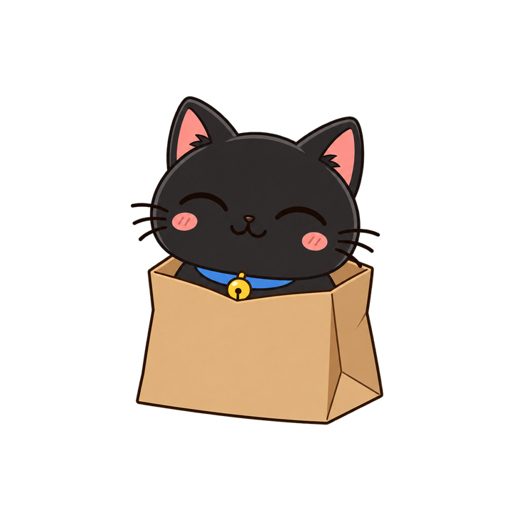 紙袋から顔を出す黒猫のイラスト（透過PNG）